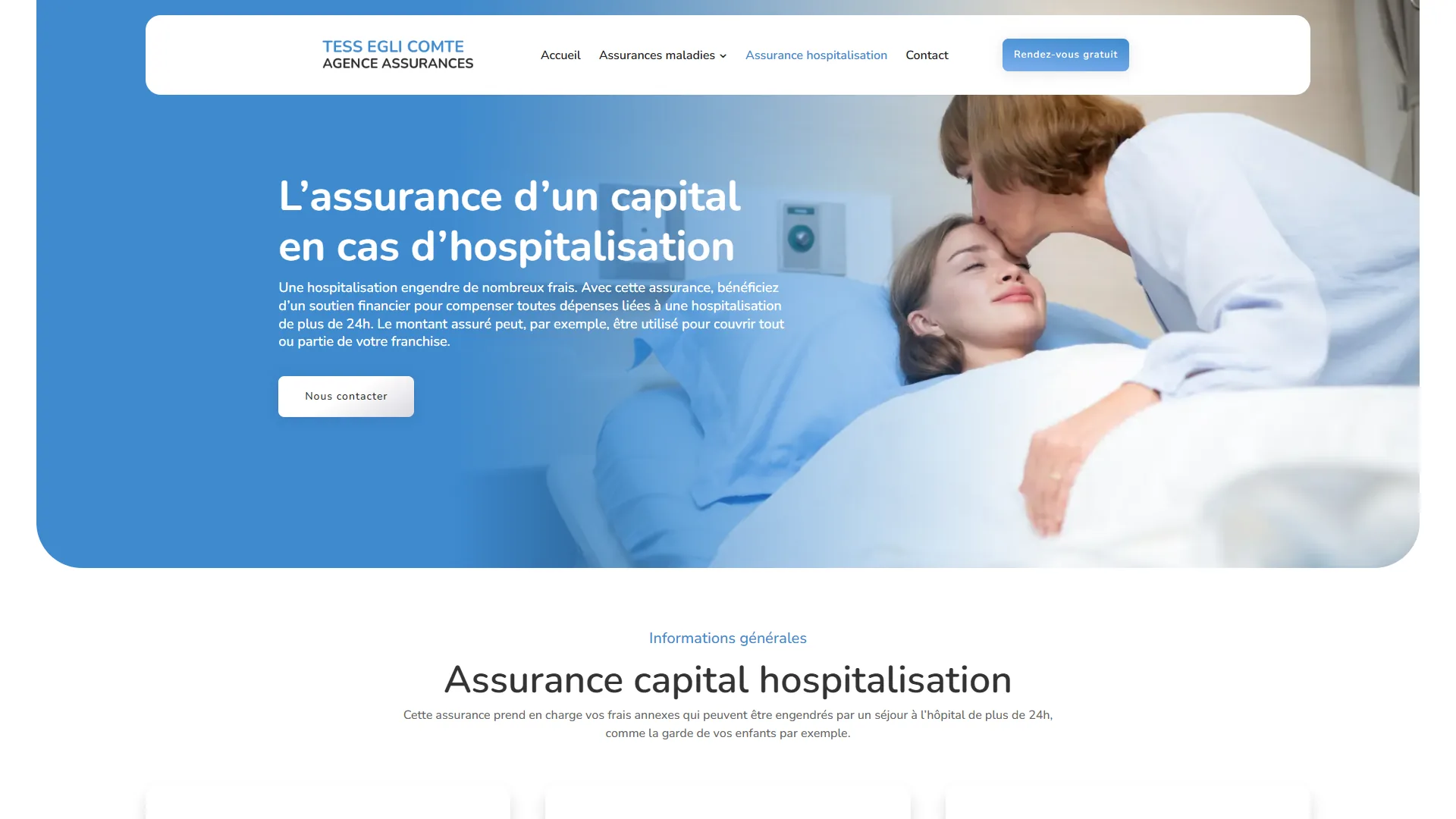 Une page dédiée par assurance, avec son habillage propre et son bouton de contact direct.