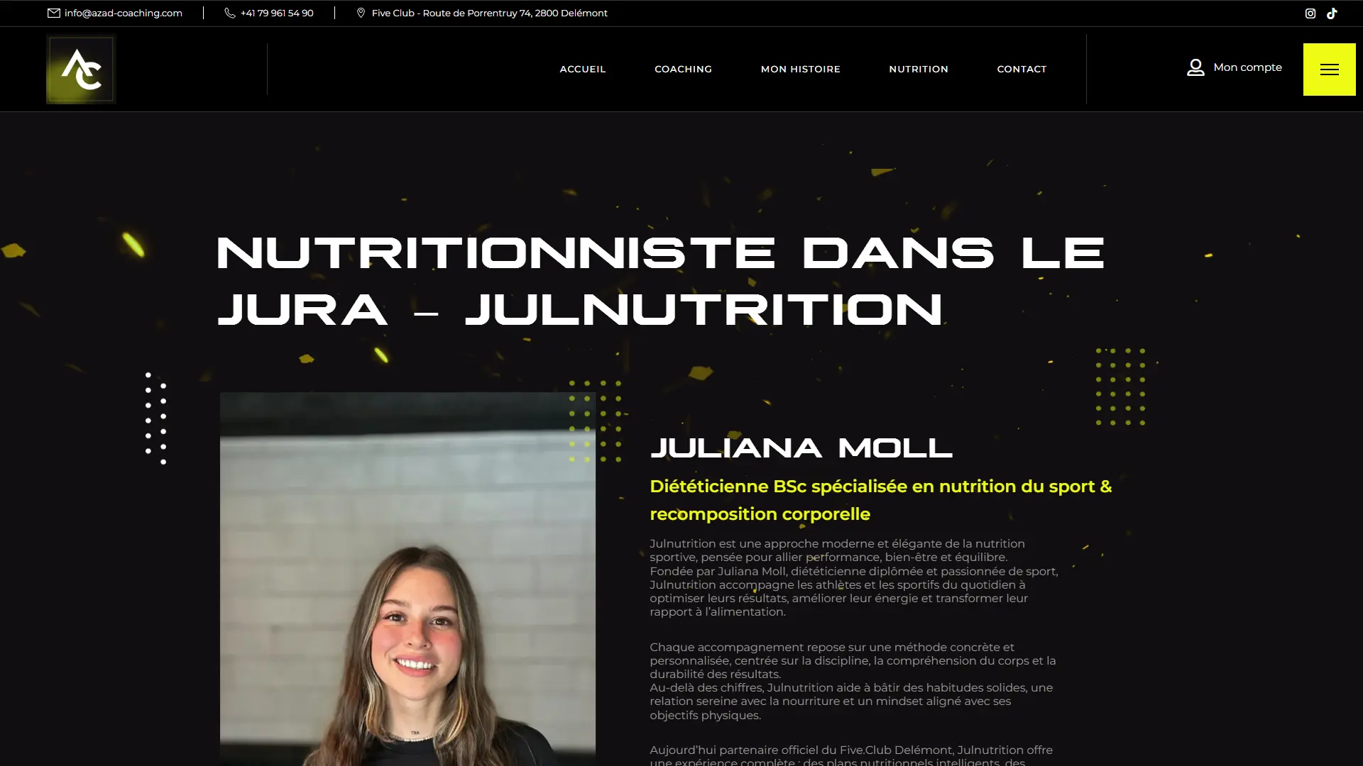 La page Nutrition : la diététicienne partenaire a sa propre identité dans le site.
