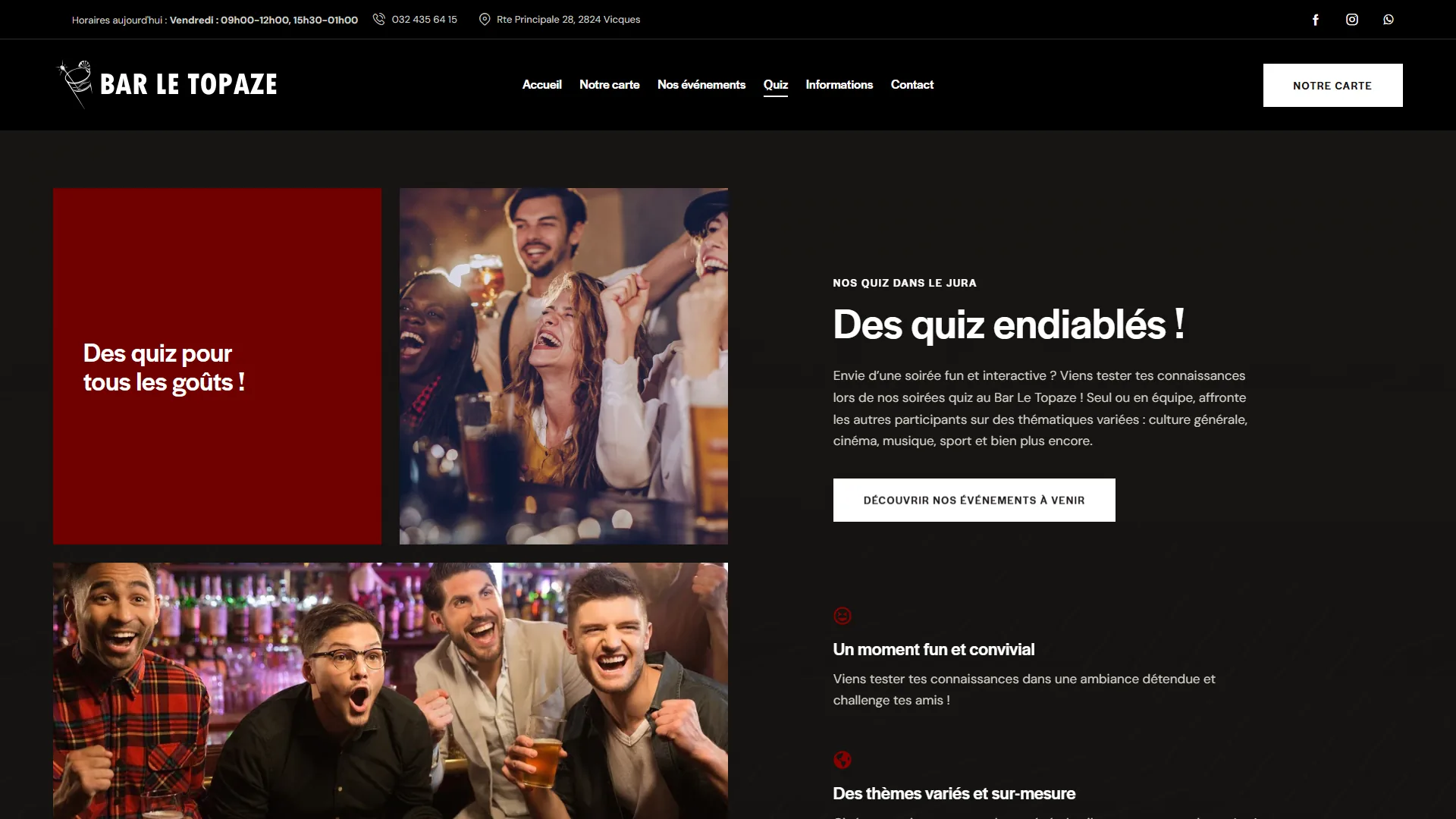La page dédiée aux soirées quiz : culture générale, cinéma, musique et sport.