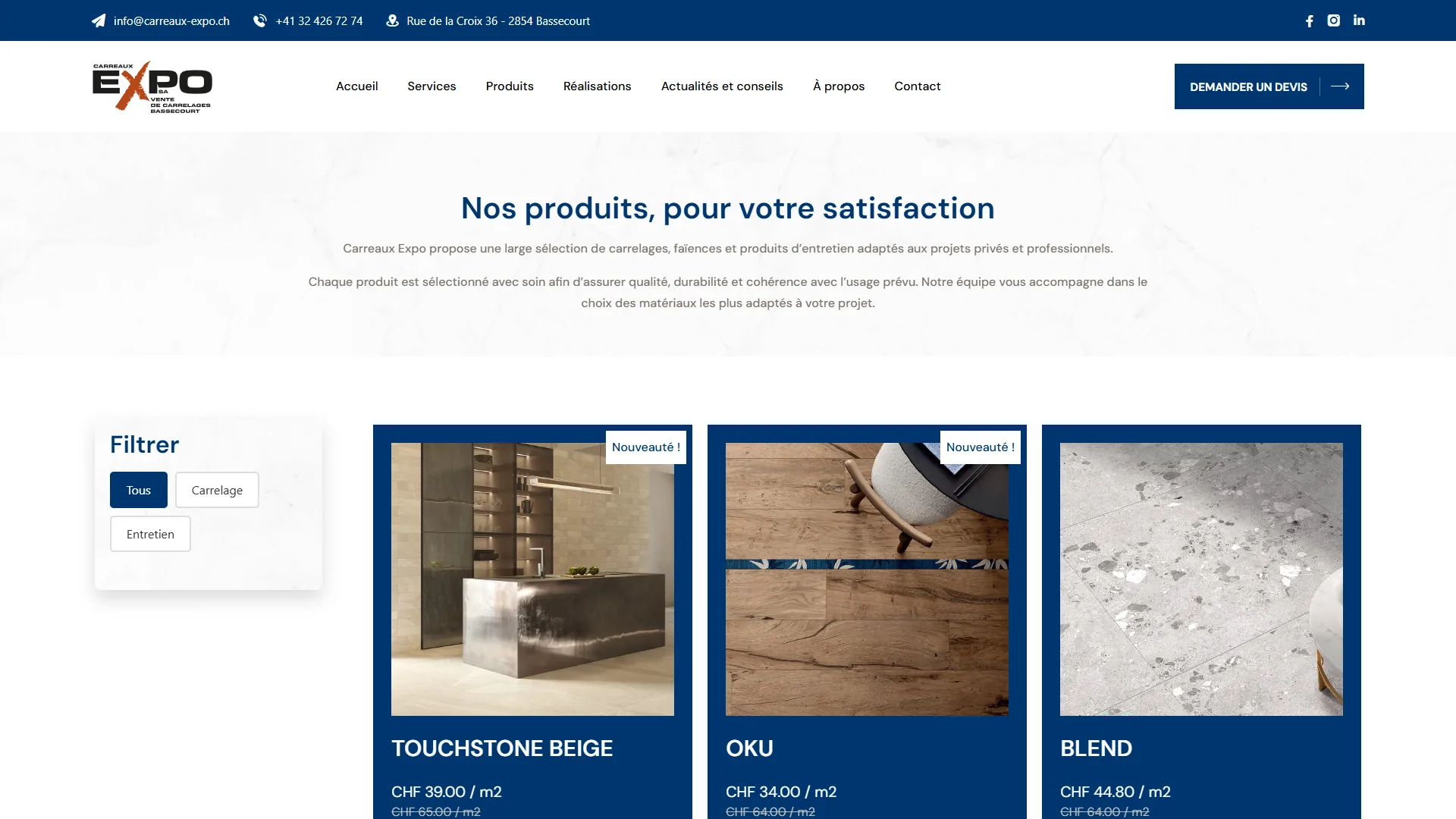 Le catalogue : prix, promotions et filtre par catégorie.
