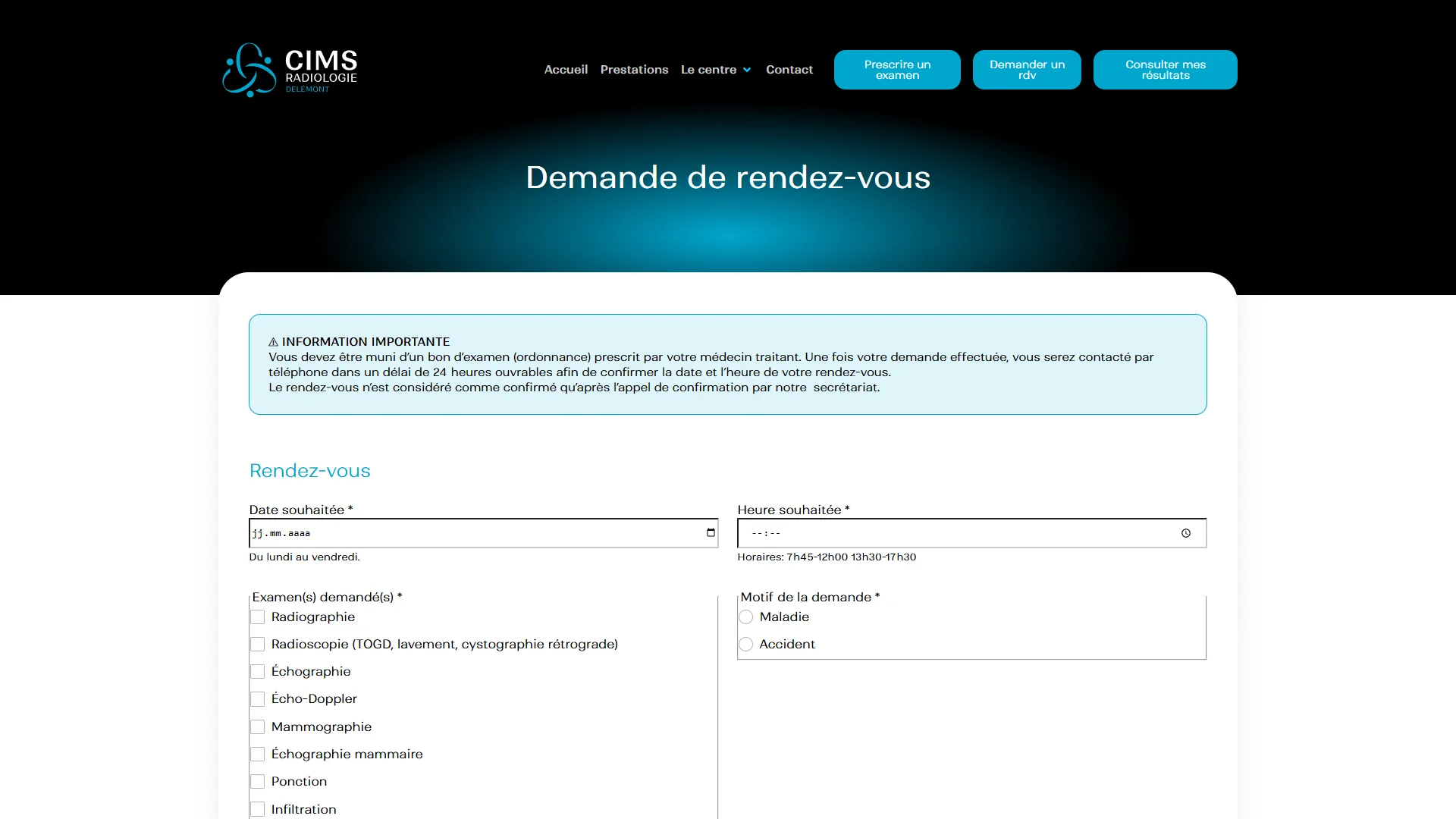La demande de rendez-vous, avec ses délais annoncés d'emblée.