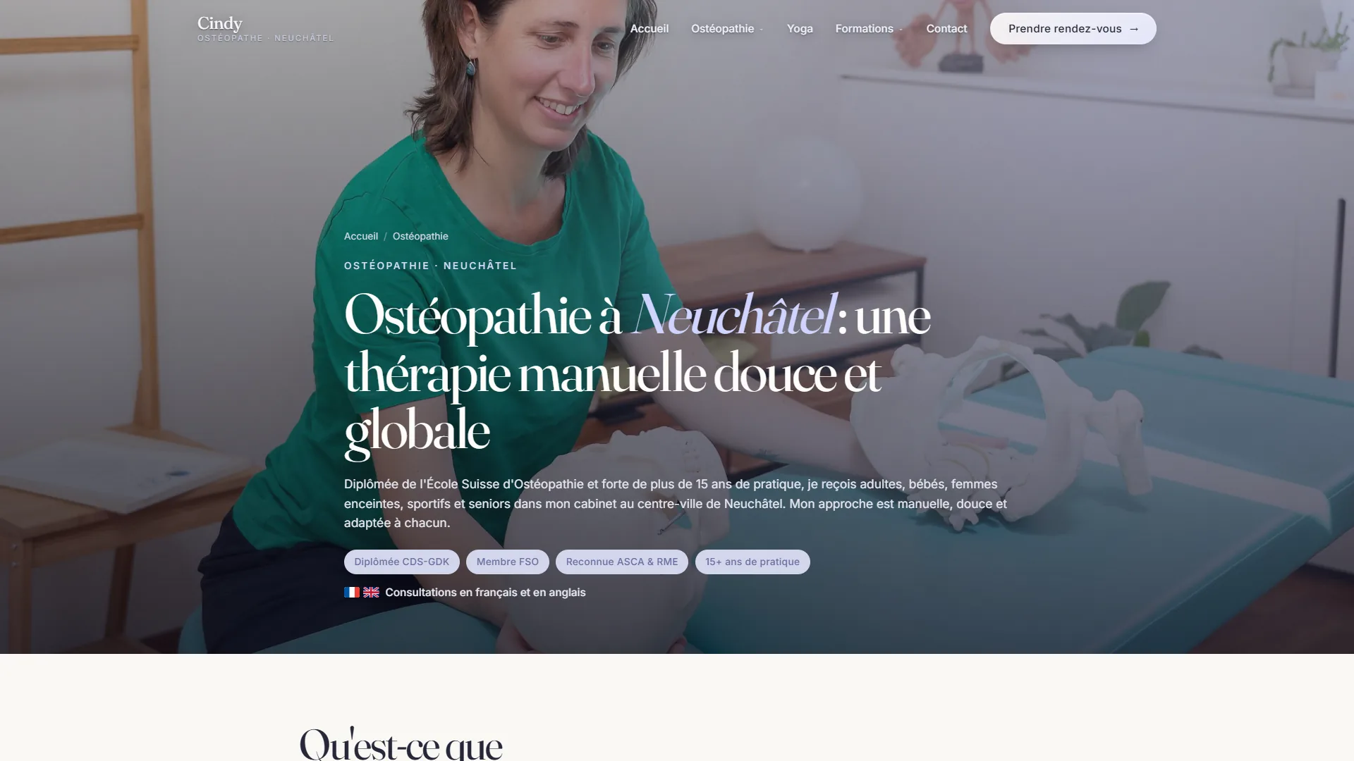 La page ostéopathie : diplômes, motifs de consultation, tarifs.