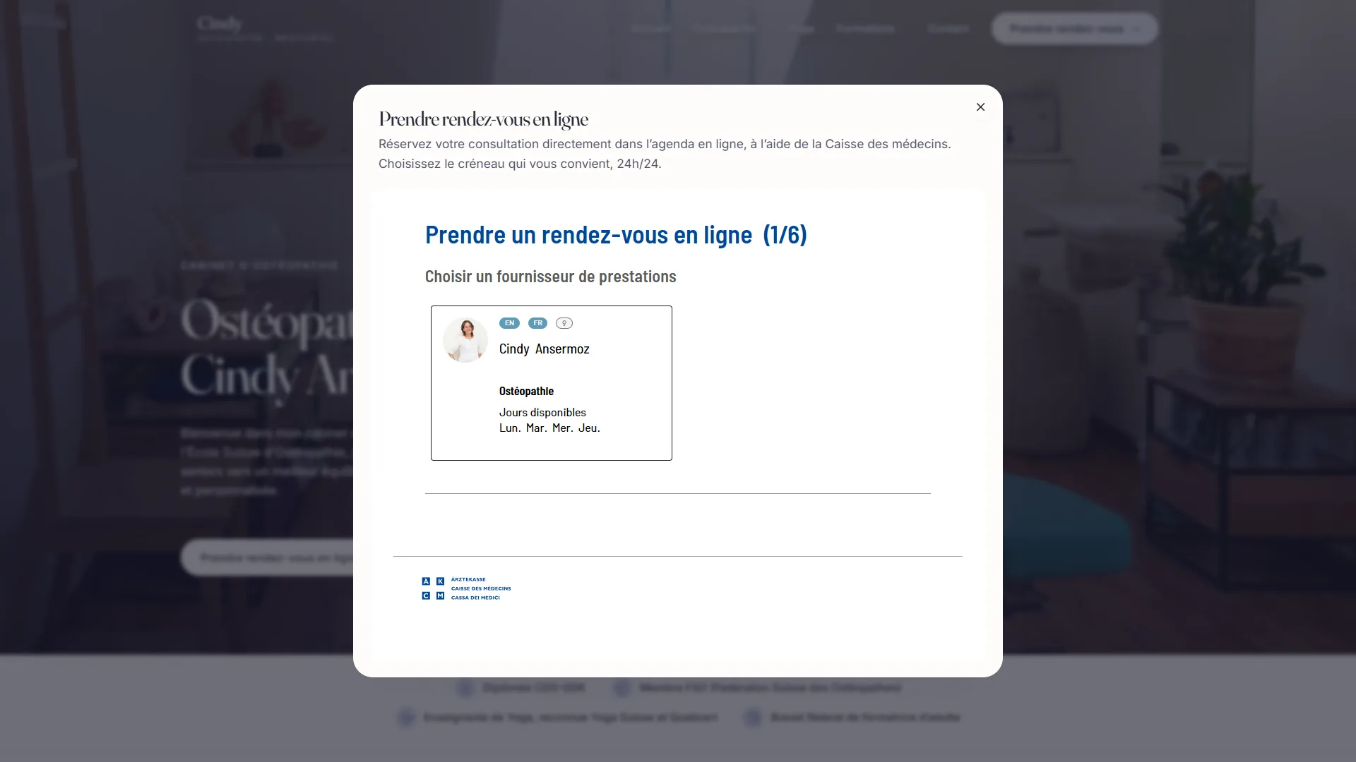 La réservation en ligne : le portail de la Caisse des médecins, ouvert par-dessus le site.