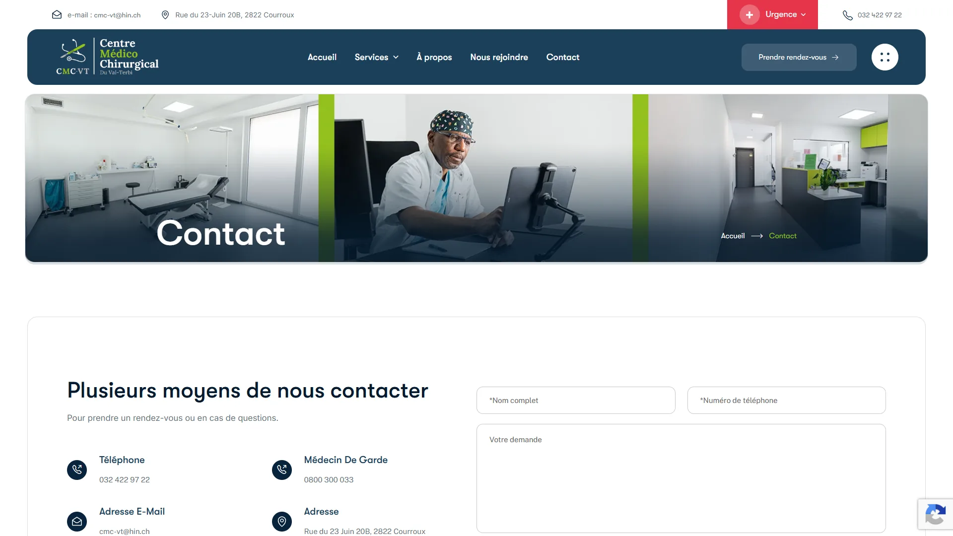 La page Contact : horaires précis, médecin de garde, urgence.