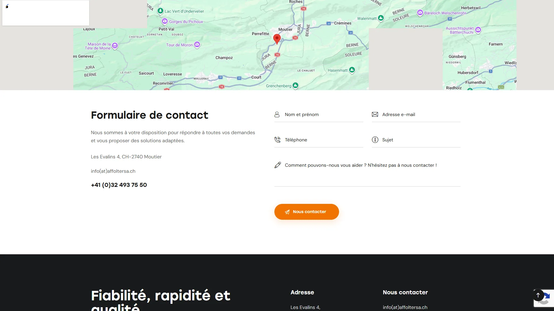 Le formulaire de contact et la carte de situation, en bas de la même page.