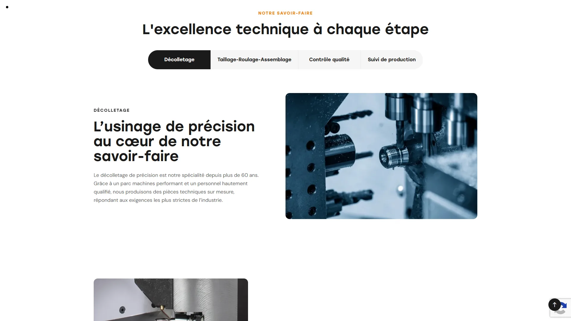 Le savoir-faire en quatre étapes : décolletage, taillage-roulage-assemblage, contrôle qualité, suivi de production.