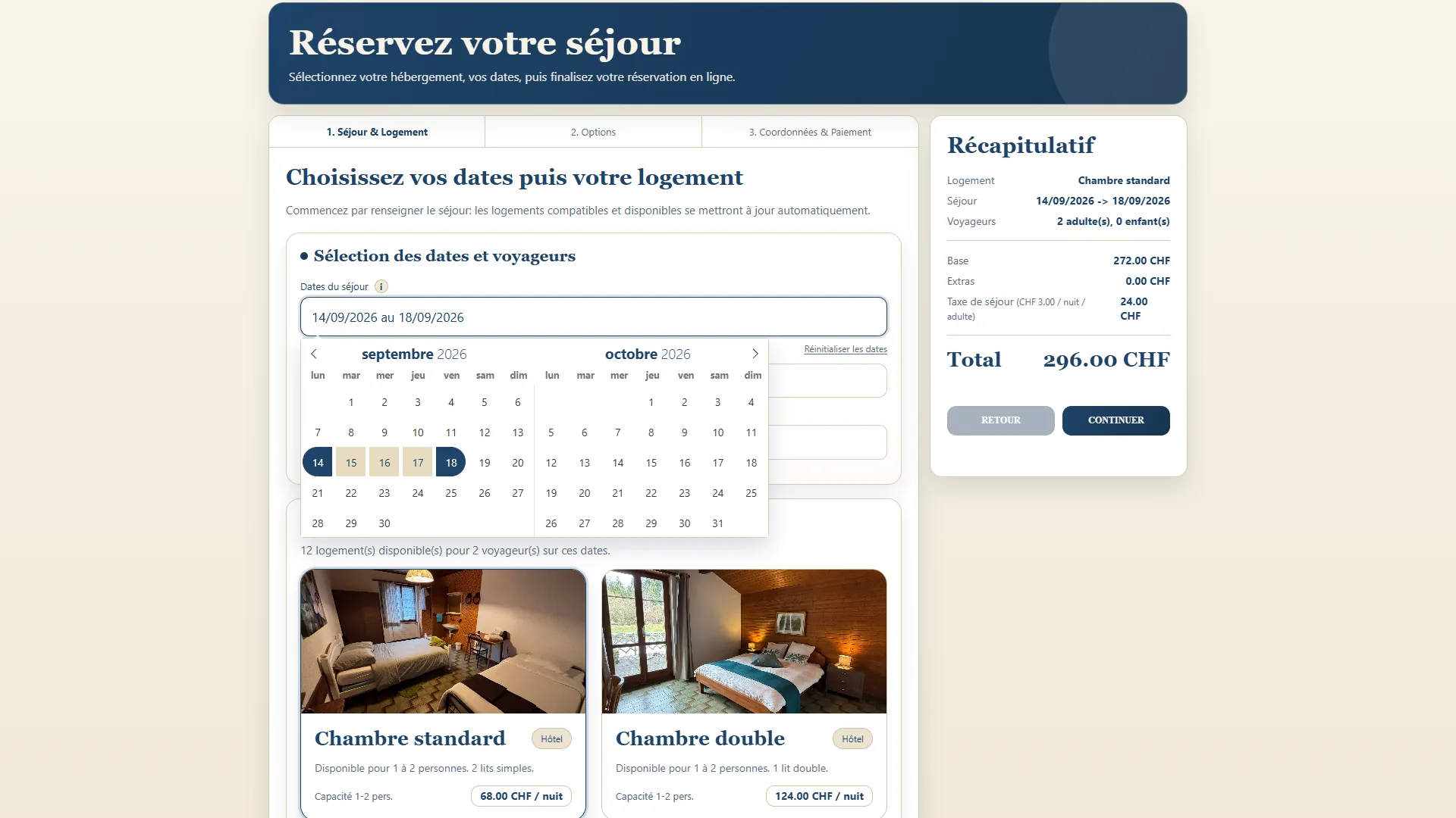 Le calendrier de séjour, localisé en français, avec la plage retenue et le récapitulatif qui suit derrière.