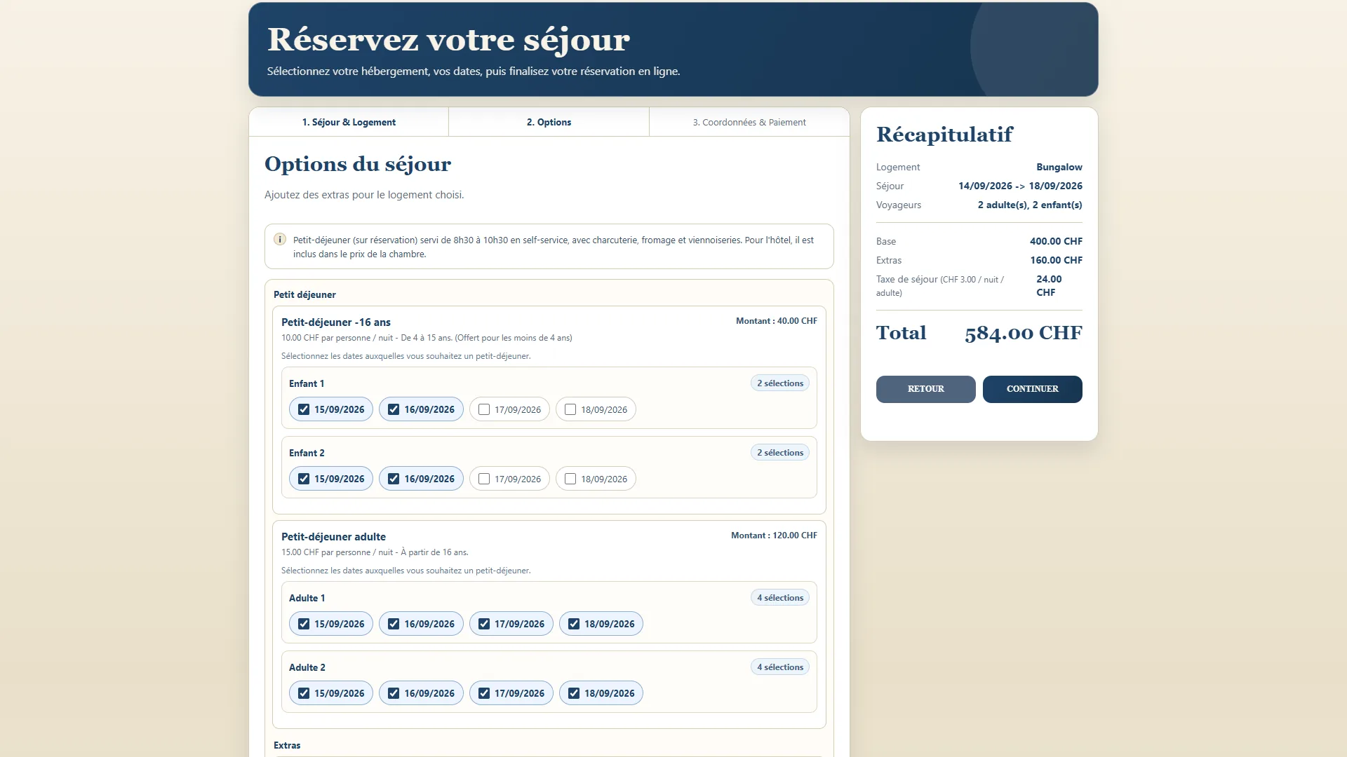 L'étape des options : une rangée de matins par voyageur, et le récapitulatif qui suit à la coche.