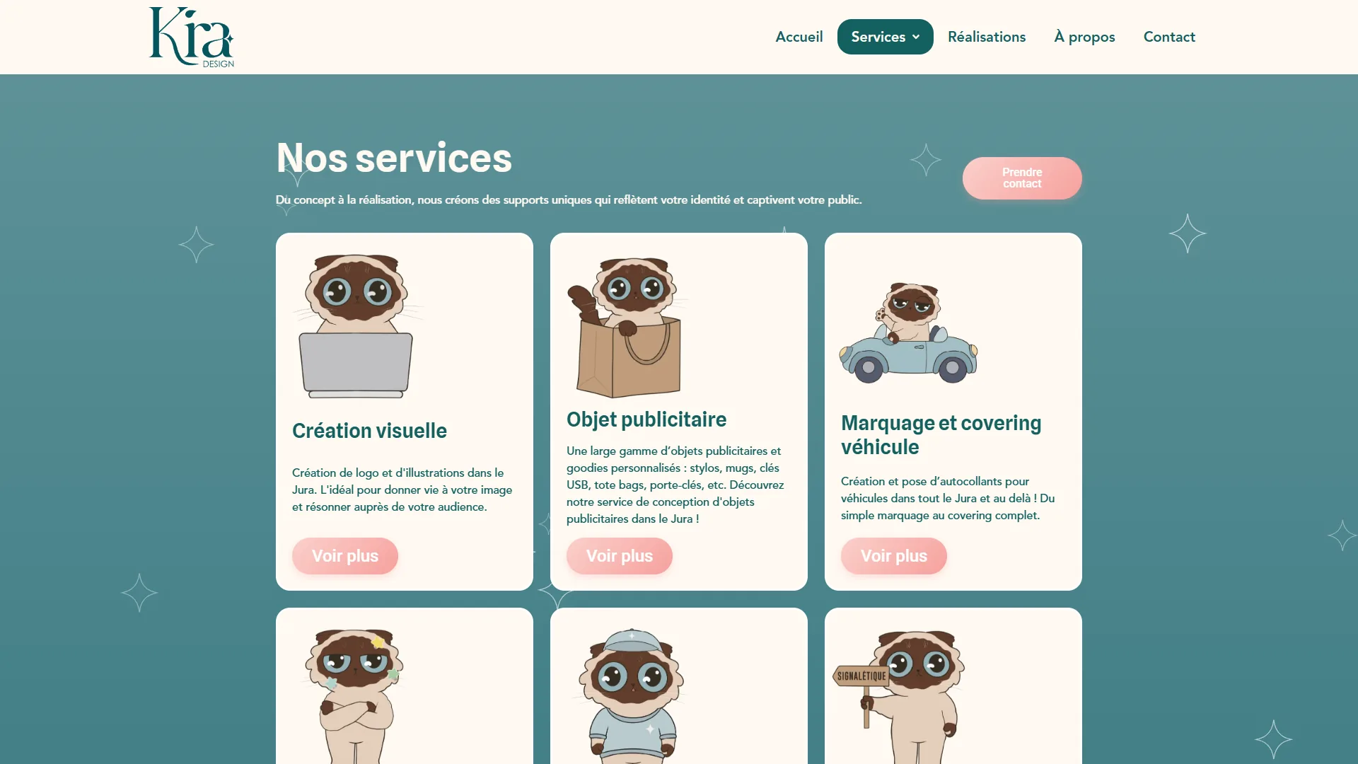 La page Services et ses six pôles, chacun avec sa mascotte.