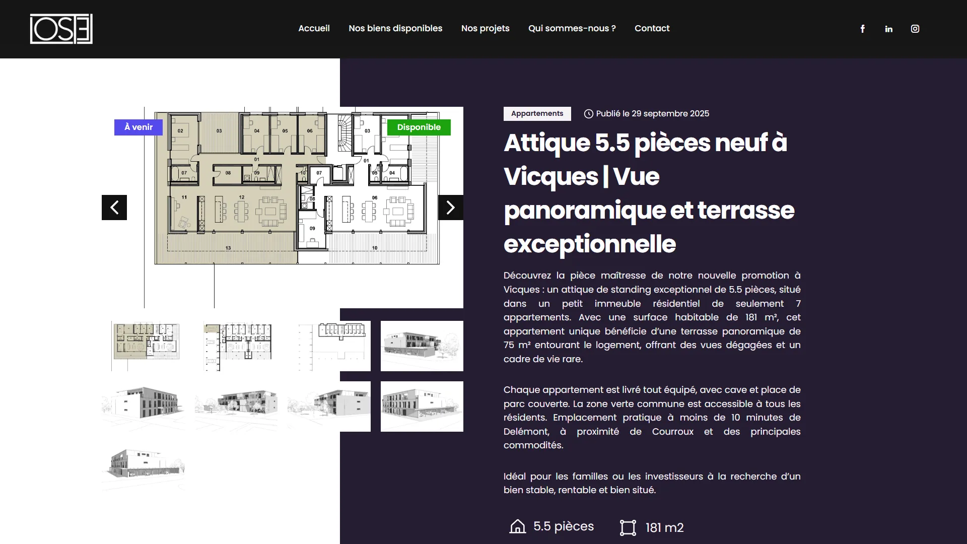La fiche d'un appartement : plans, description, prix, contact.