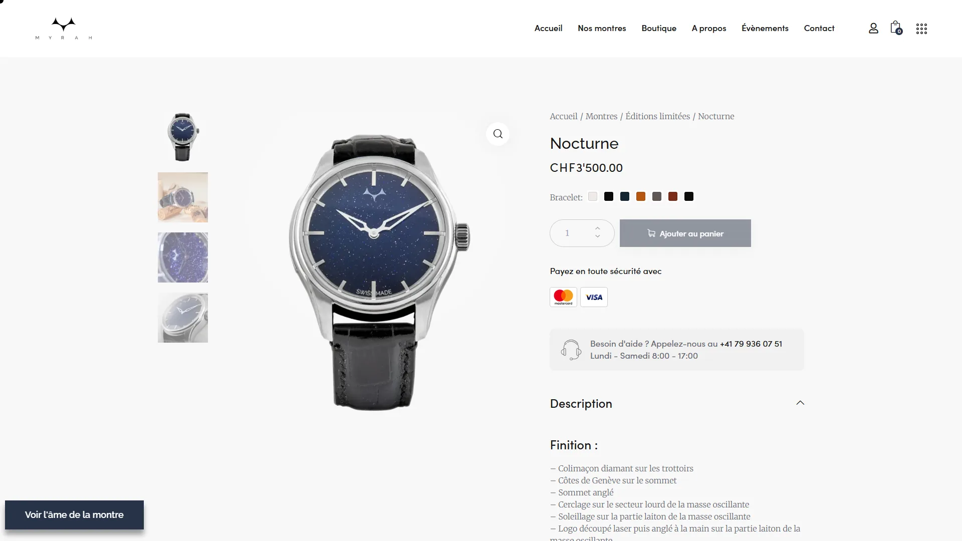 La fiche produit : prix, bracelet, panier, finitions.