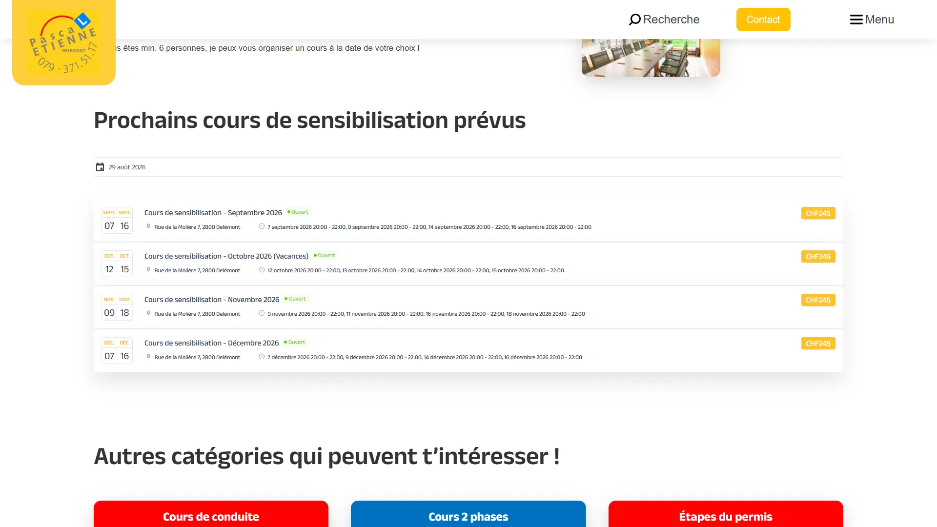 Les prochaines sessions du cours de sensibilisation, dates, statut et tarif à jour.