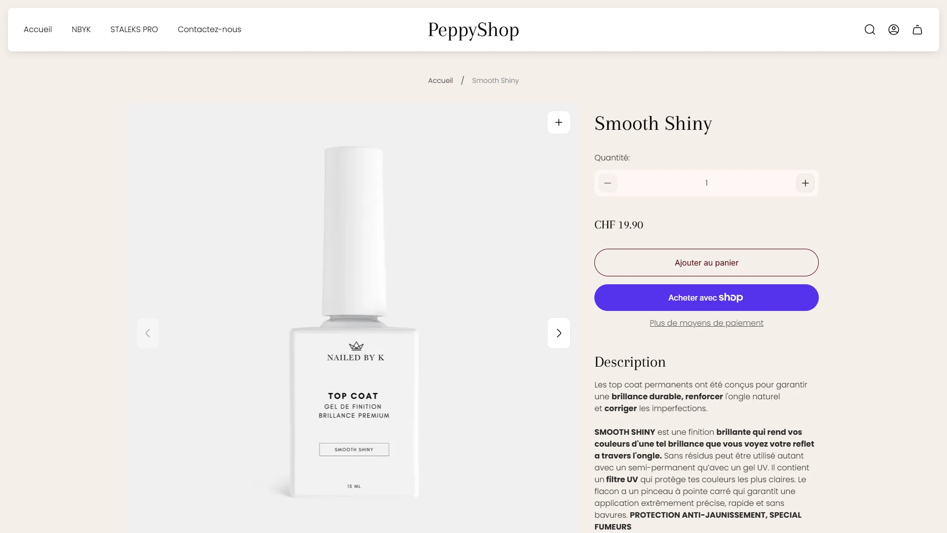 La fiche produit Smooth Shiny, dans le gabarit du thème Shopify.