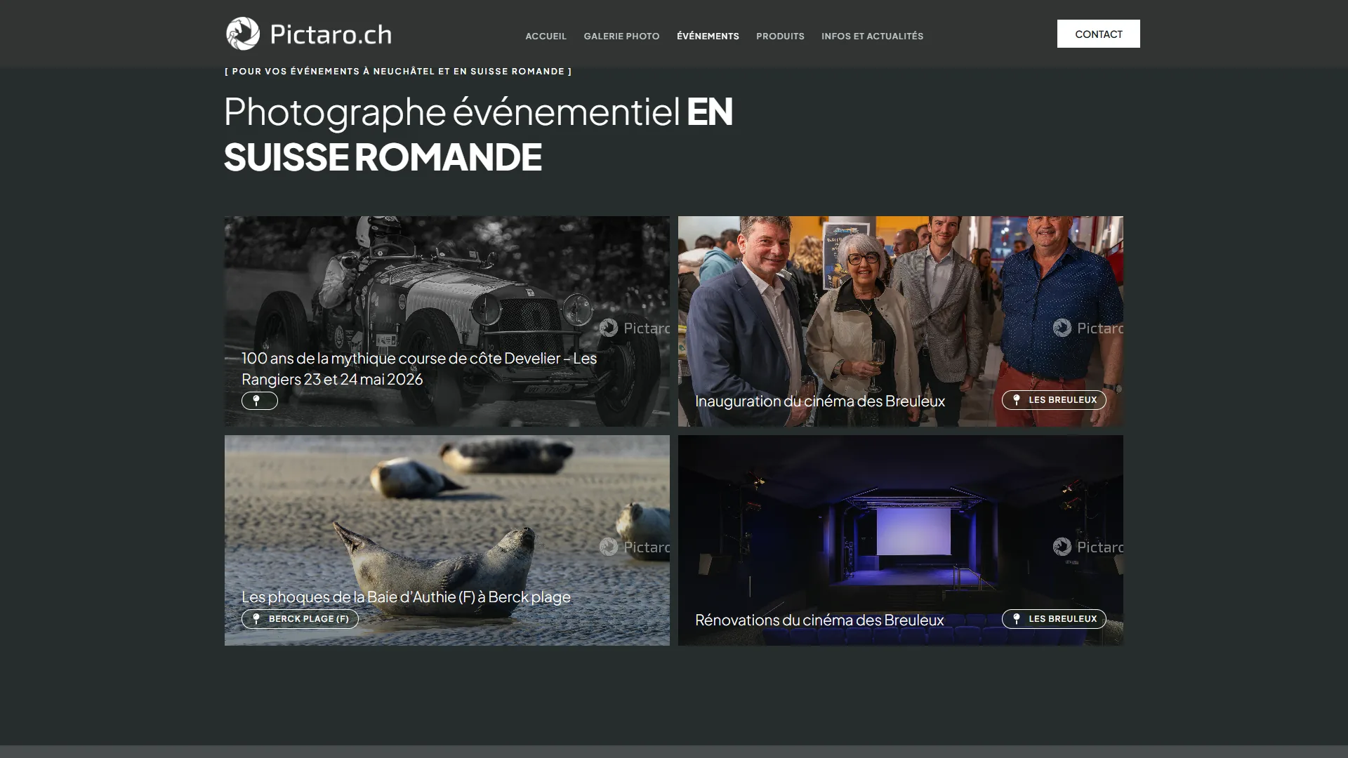 La page Événements : quatre couvertures, chacune avec son lieu.