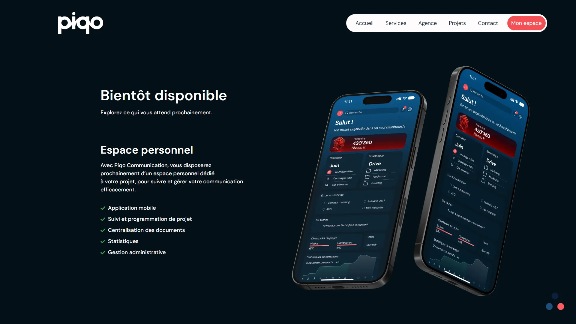 L'espace personnel : « Ton projet piqobello dans un seul dashboard ! »