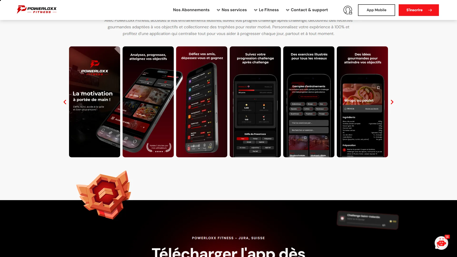 Les écrans de l'app, défis, progression, exercices et recettes.