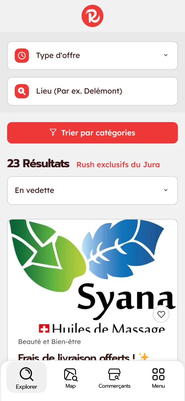 Explorer, la carte, les commerçants, tout au pouce.