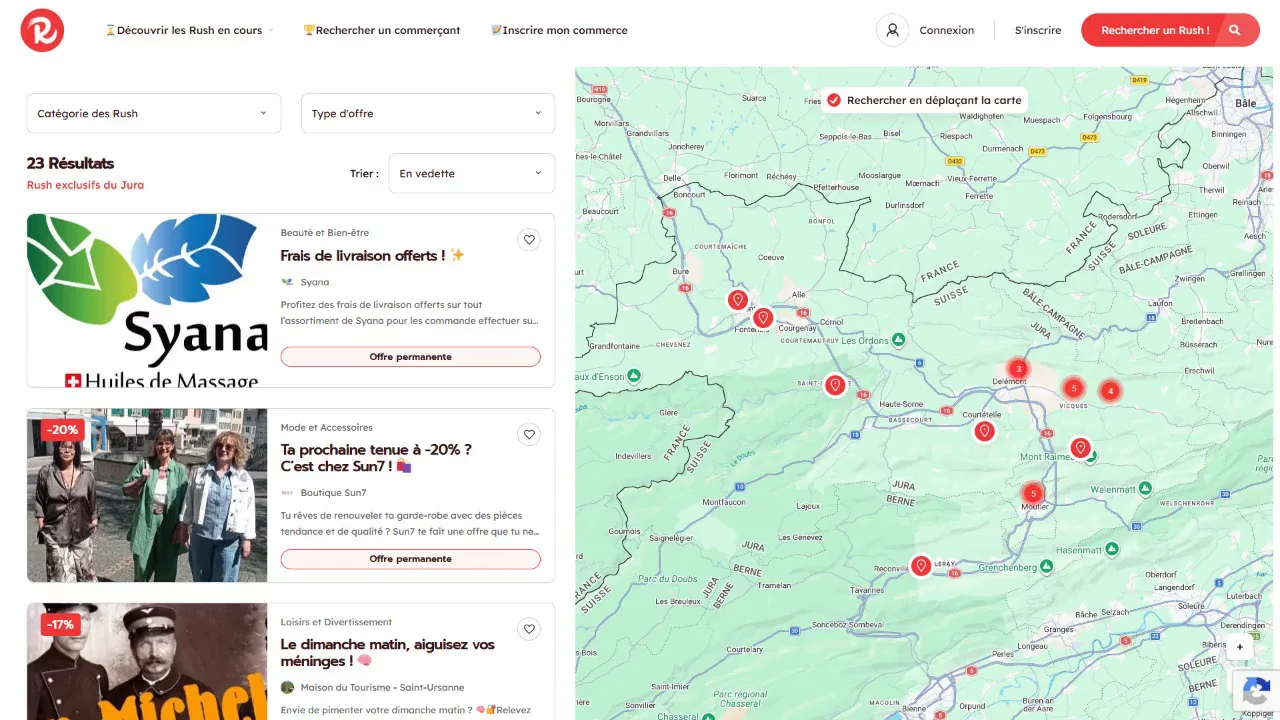 La recherche sur carte : on zoome, et la liste de gauche se réduit aux offres du secteur.