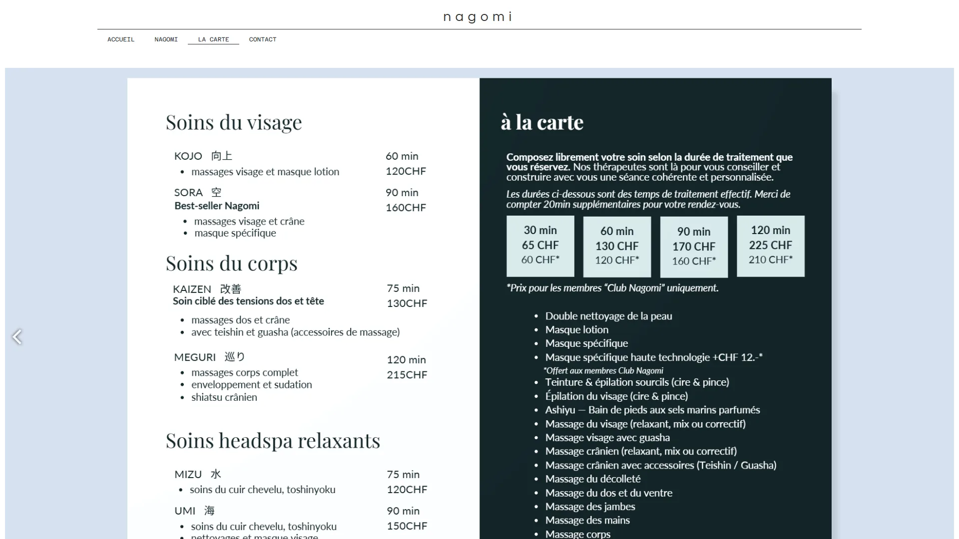 La carte ouverte : soins nommés en japonais et tarifs à la carte.