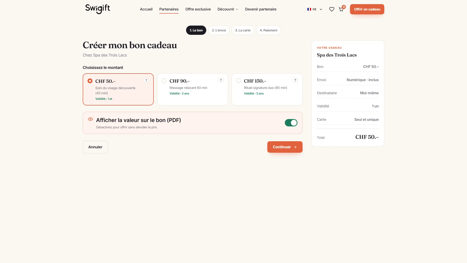 L'étape 1 de la création du bon, avec le récapitulatif de commande.