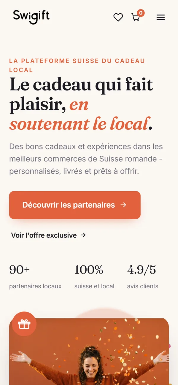 SwiGift sur téléphone : trouver un partenaire et offrir en quelques gestes.