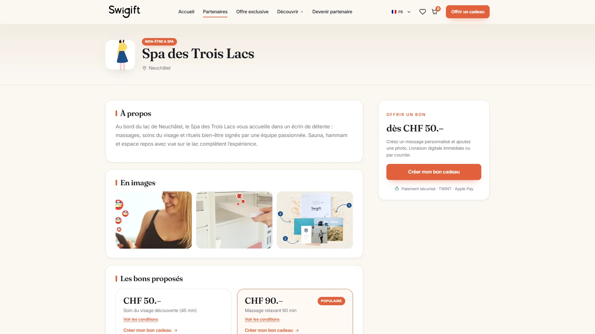 La page du Spa des Trois Lacs et ses trois bons cadeaux.