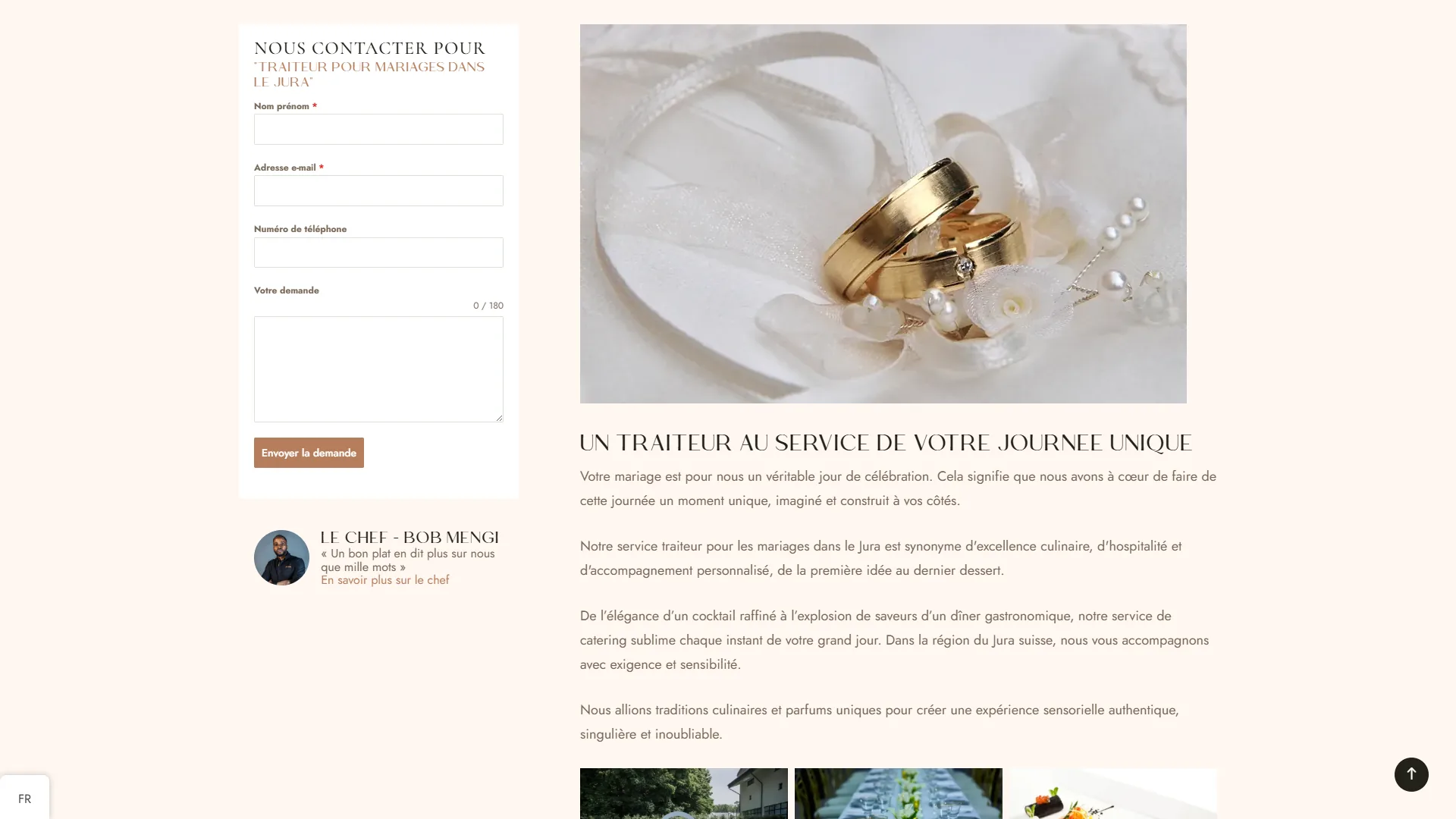 La page du traiteur pour mariages, et son formulaire dédié.
