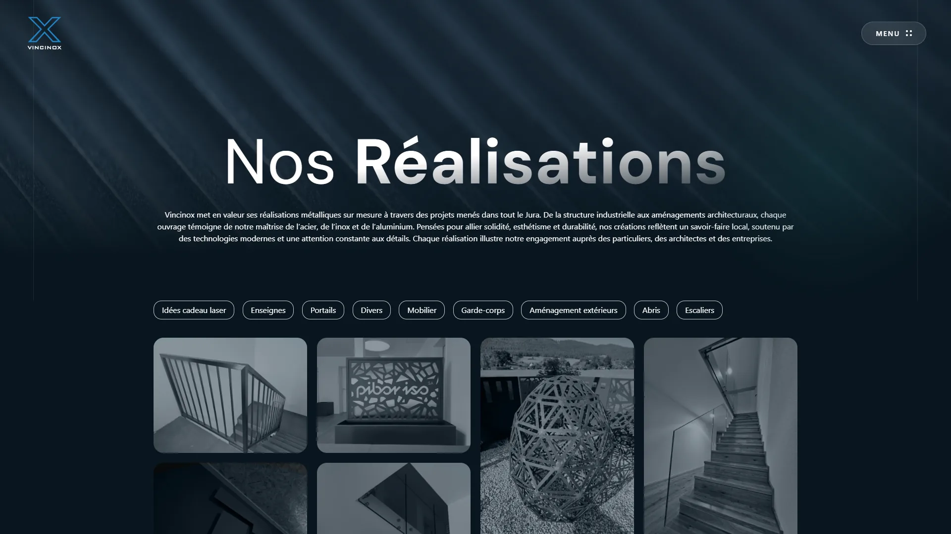 Le catalogue des réalisations, filtrable par neuf catégories.