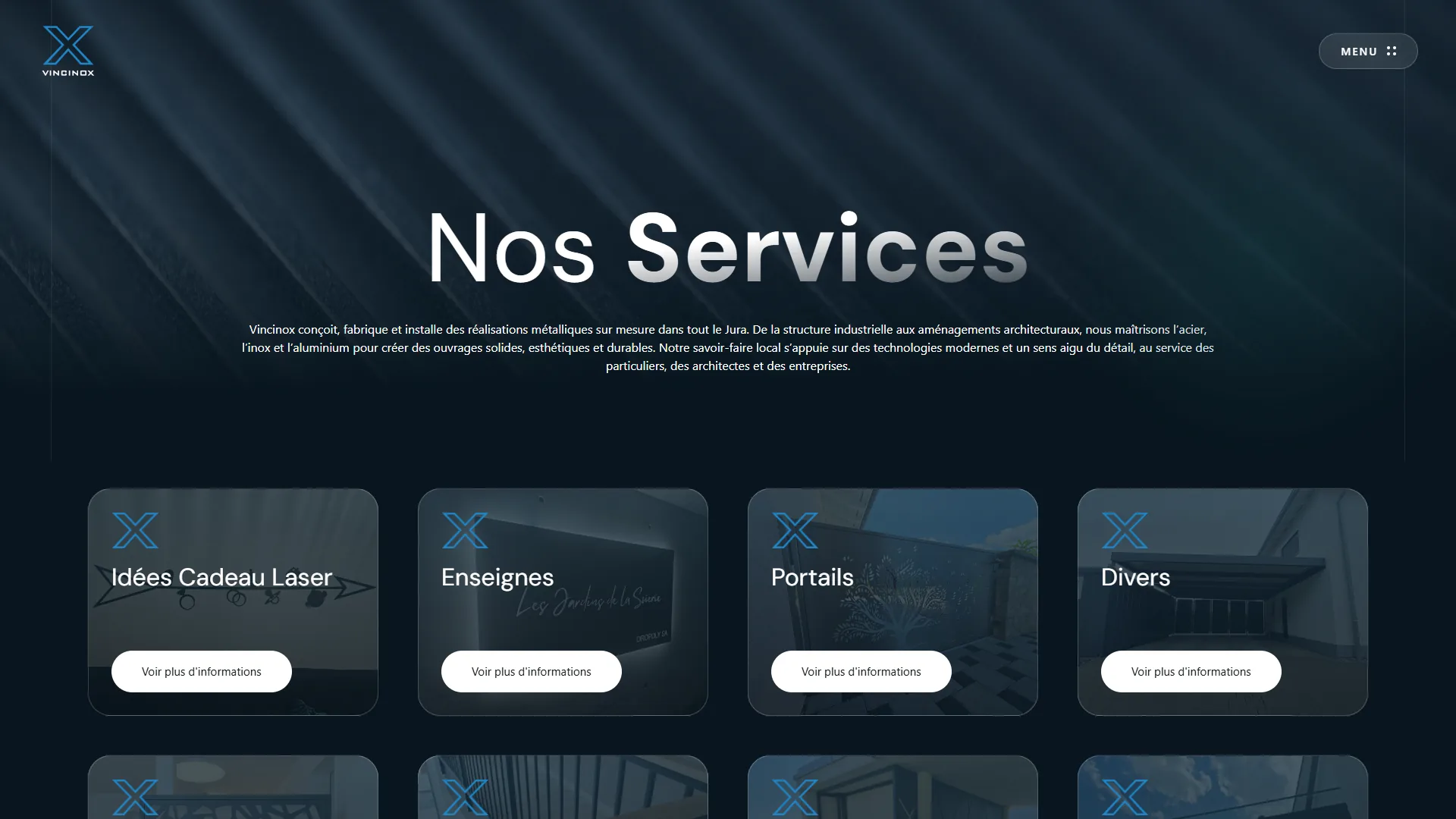 La page Services et ses neuf familles de prestations.