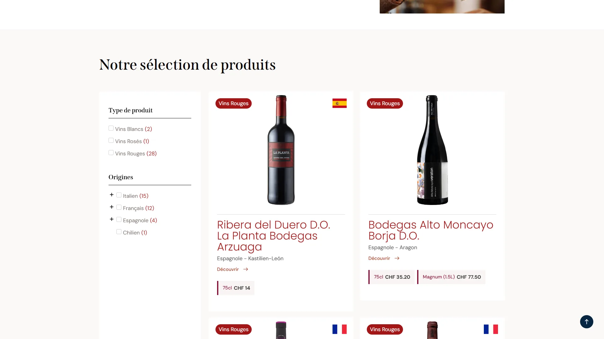 Le catalogue filtrable, trente et un vins classés par type et origine.