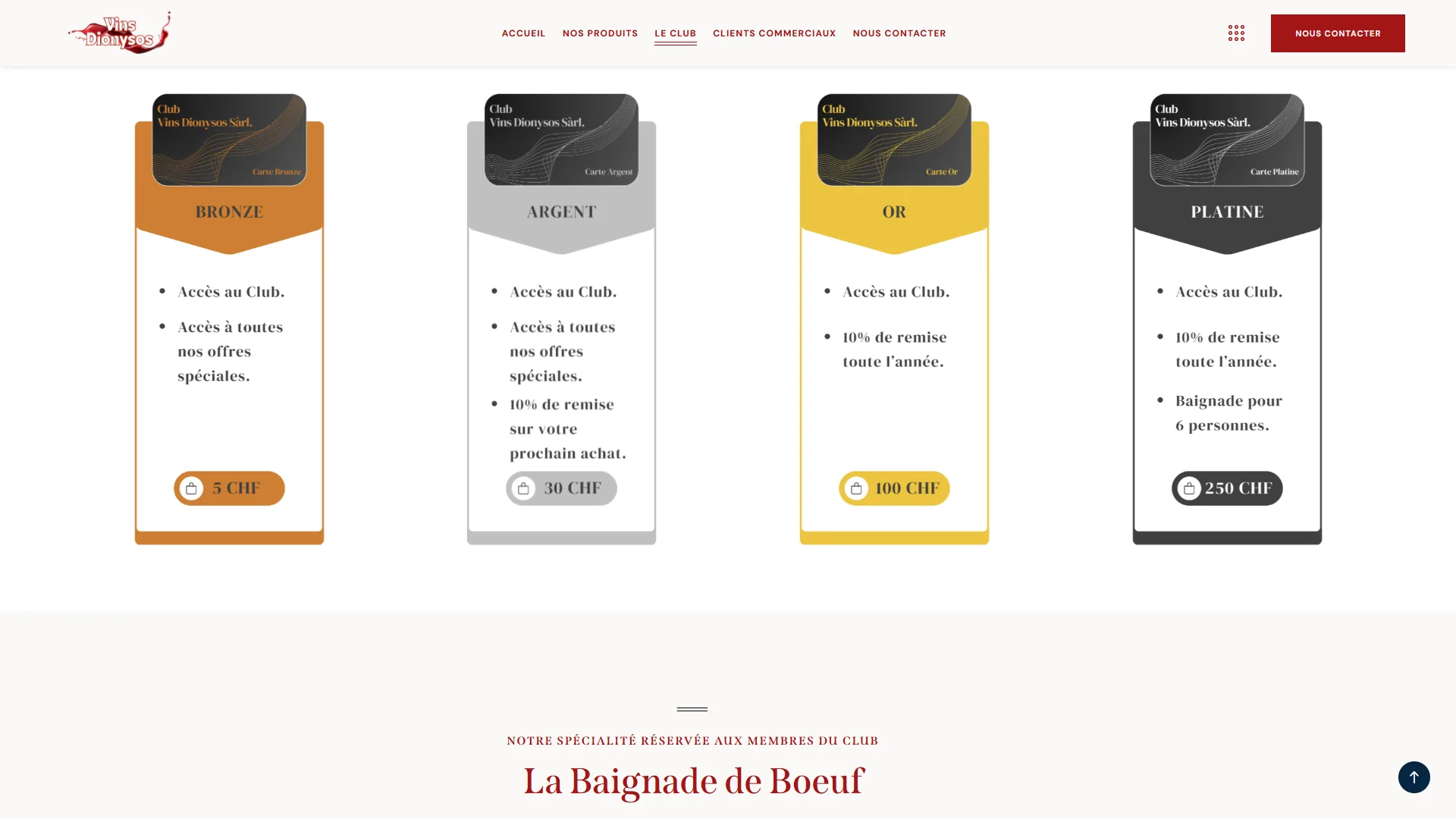 Les quatre cartes du Club, de Bronze à Platine.