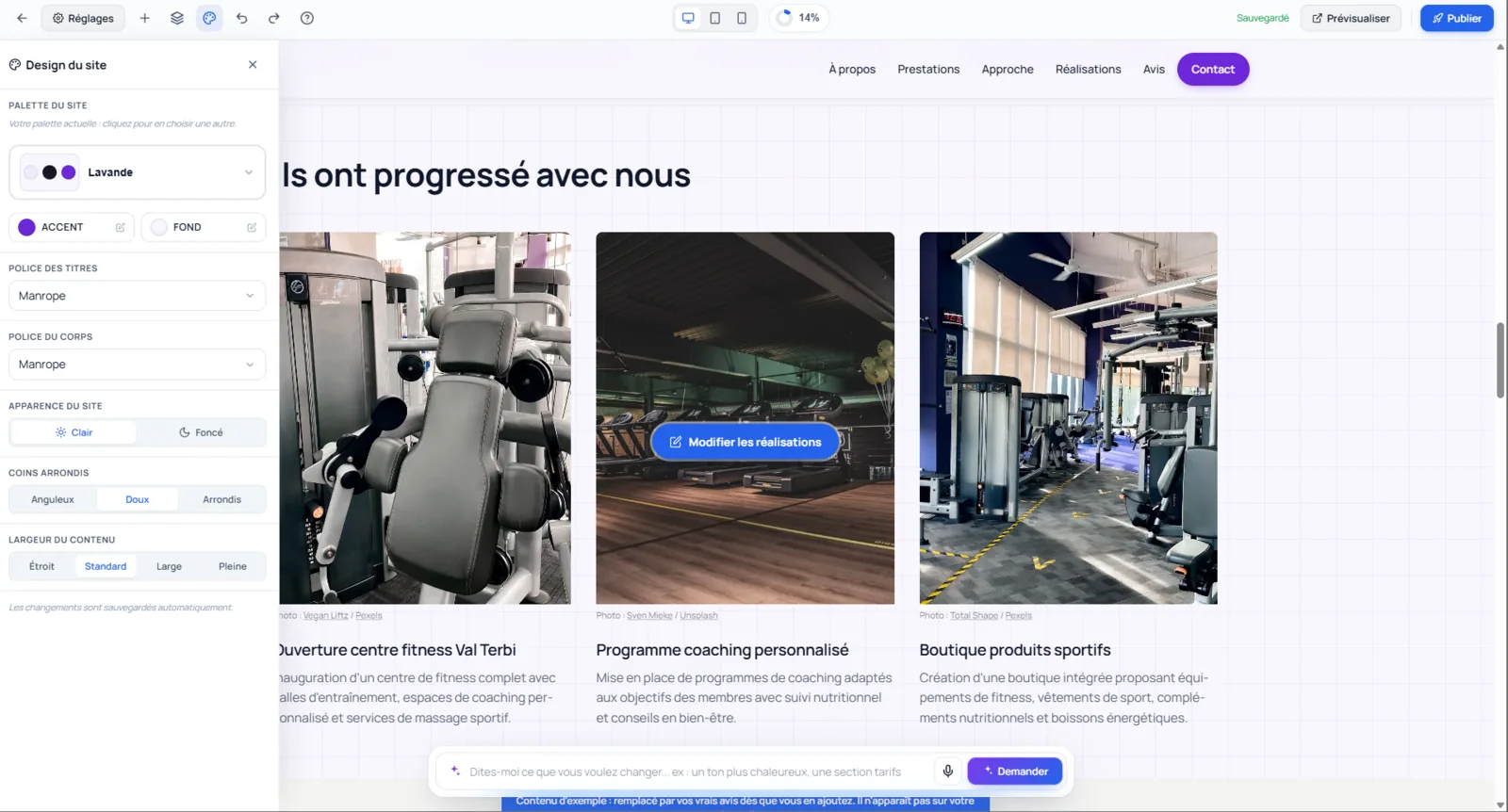 L'éditeur visuel : les réglages à gauche, le site en direct à droite.